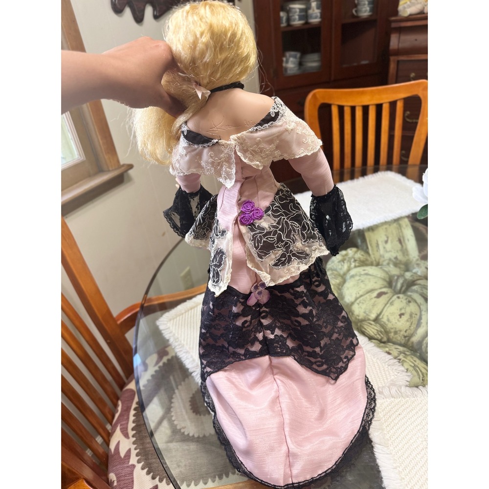 Katherine Liu AEL Porcelain Doll 23" Victorian Pink Black Lace Dress Blonde Hair - Picture 5 of 7
